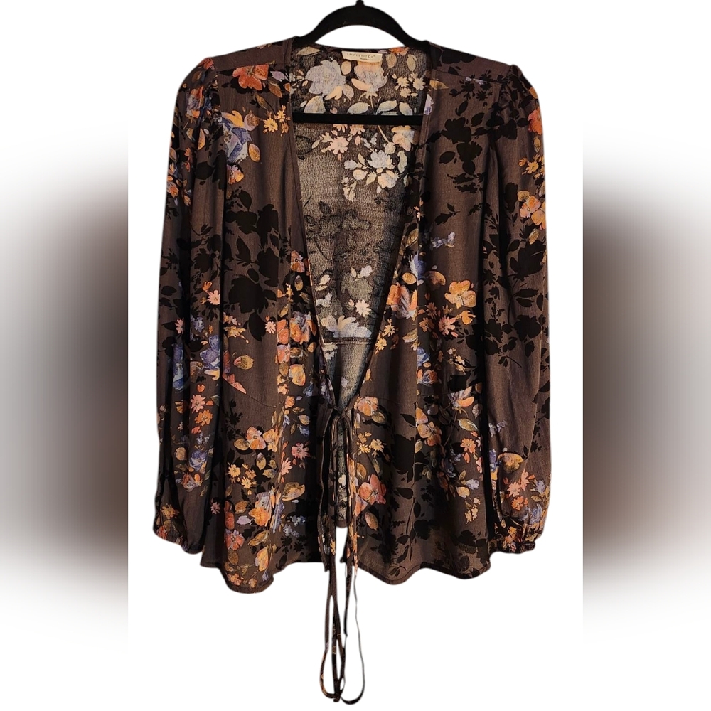 CLOSET CLEAROUT Lovestitch Brown Floral Front Tie Cover Up Top Shirt, Medium